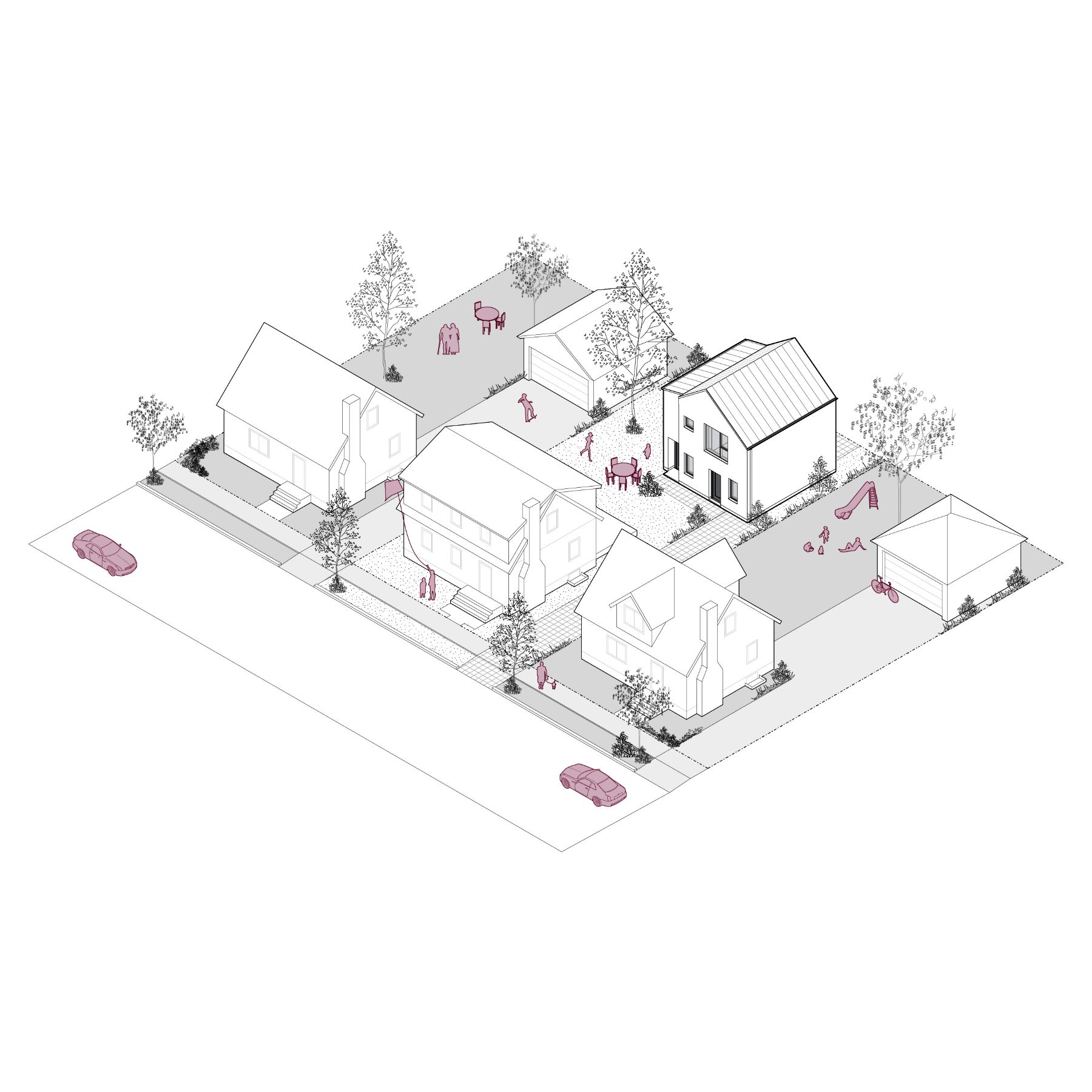 Rendu filaire 3D d’un logement accessoire de deux étages, d’une superficie d’environ 57,4 mètres carrés (618 pieds carrés). L’image montre le logement accessoire dans un quartier résidentiel, entouré de maisons individuelles, de trottoirs, d’arbres et d’arrière-cours.